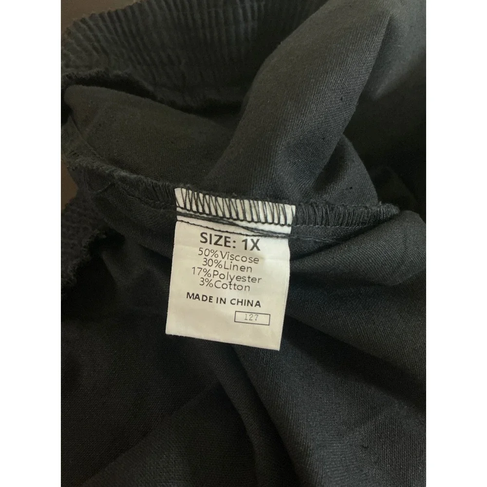 Black Linen Blend‎ Crossover V-Waist Relaxed Shorts Plus Size 1X
